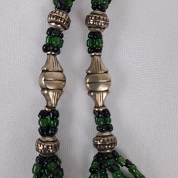 Long Multi Strand Green Glass Seed Bead Necklace w/ Silver Tone Beads - Picture 6 of 16